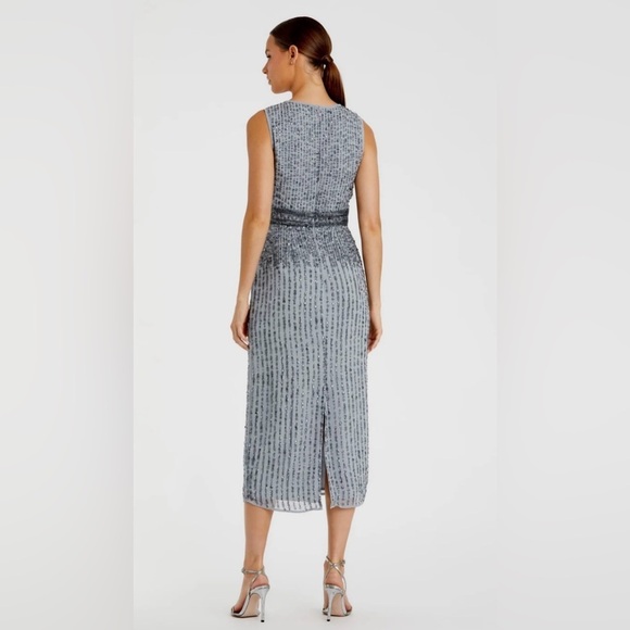 NWT | Mac Duggal A10509 Platinum Gray Sleeveless Beaded Midi Dress Size 4 - Picture 4 of 12